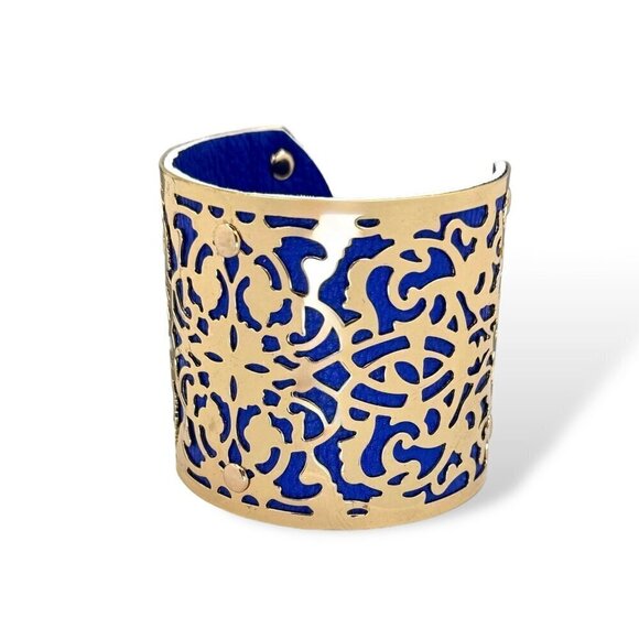 NEW Eye Candy LA Wide Cuff Bracelet Gold-Tone Filigree Overlay Blue Leather - Picture 4 of 8